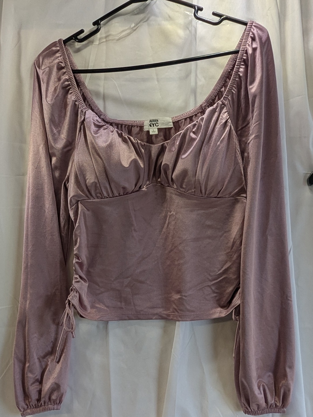 Madden NYC Emma  Dusty Mauve Satin Long-Sleeve Bustier Top w/Ruched Sides Size L